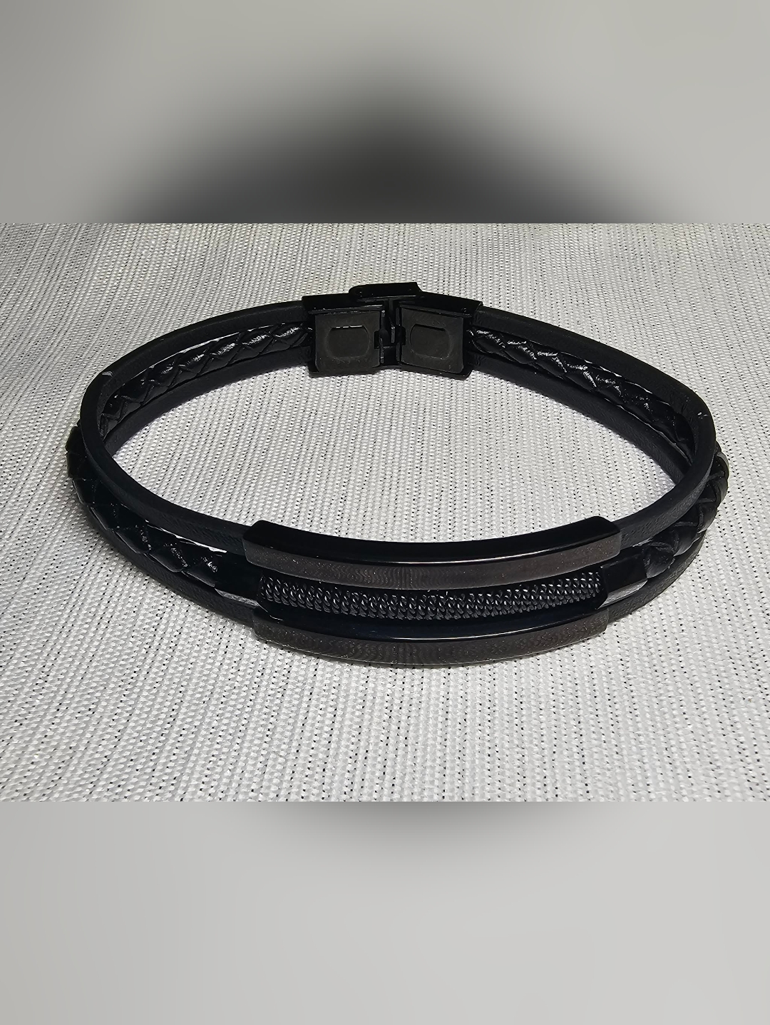 Stainless Steel / Copper :Black Braided Leather Men's Bracelet